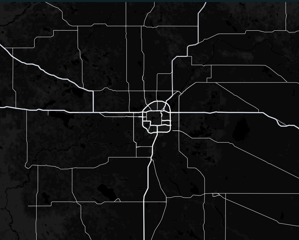 dark theme of Edmonton and its main roads encircling the city