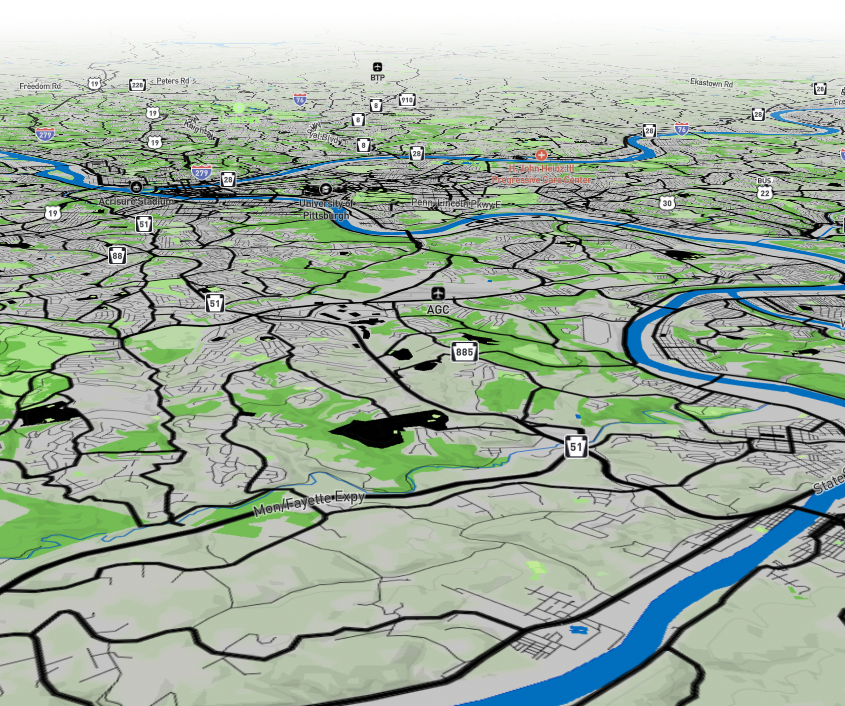 2D angled view of Pittsburg and the basic map content overlay
