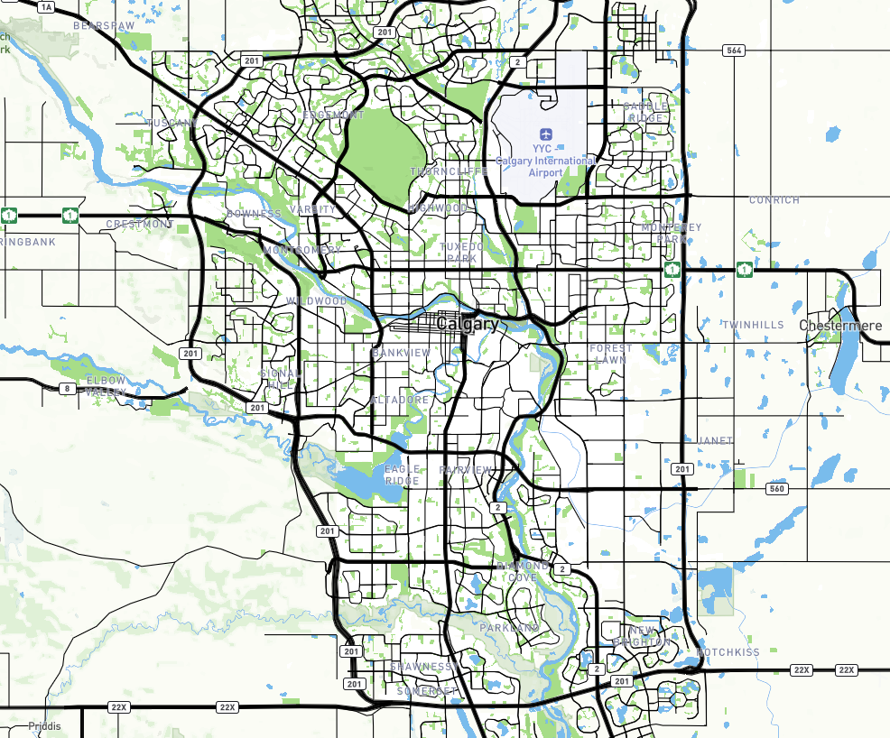 basic outline of calgary parks, roads/transit versus the filtered out content as a simple base.