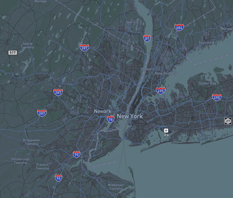 Navigational overview of the busy hub of New York City, outlining highways and regions