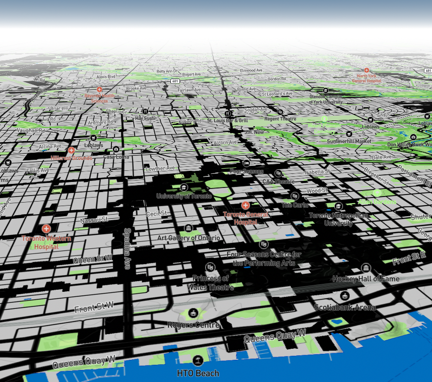 Darked hotspots of urban areas in the GTA in contrast to the basic map elements