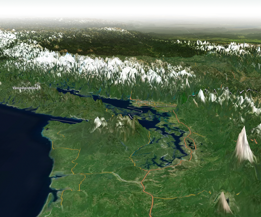 Terrain location of Vancouver City by the mountains and ocean